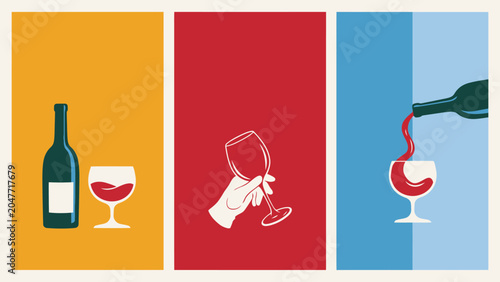 Wine bottle and glass pouring red wine into empty glass with vibrant backgrounds