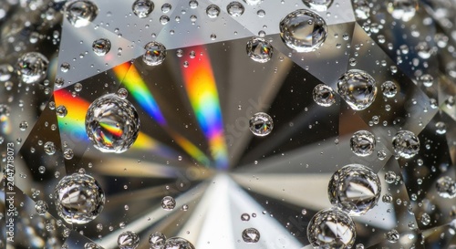 A diamond with raindrops on it, reflecting rainbow colors.