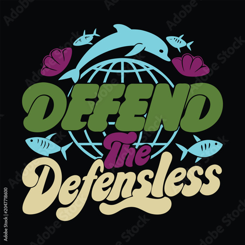Schilderij op canvas Defend the Defenseless Ocean Conservation Graphic with Dolphin Fish and Earth