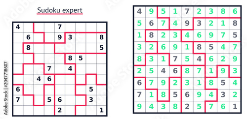 Expert Sudoku puzzle with highlighted paths and numbers for solving  