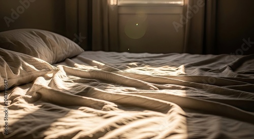 A messy bed with rumpled sheets and pillows, illuminated by sunlight from a window, with a soft focus effect.
