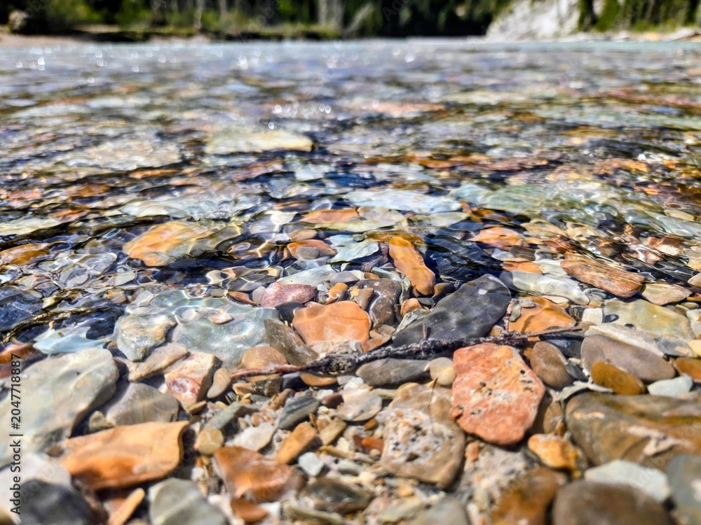 Fototapeta premium Clear shallow river flowing over colorful rocks and stones