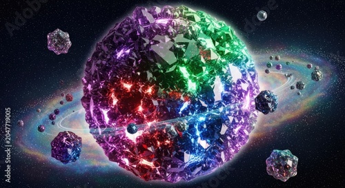 A colorful, crystalline sphere with a rainbow spectrum of colors, surrounded by a starry, cosmic background with planets and stars.