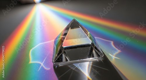 A transparent crystal prism with a rainbow spectrum of colors emanating from its apex, casting a shadow on a dark surface.