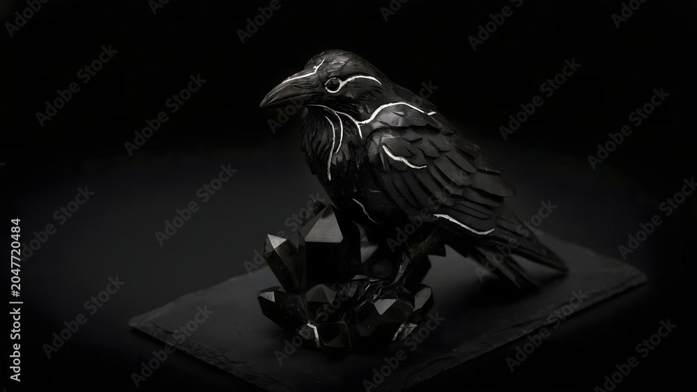Naklejka premium Elegant Black Raven Perched in Dramatic Dark Background