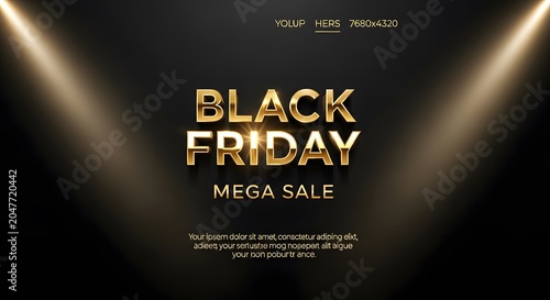 Black friday mega sale banner with golden lighting effects