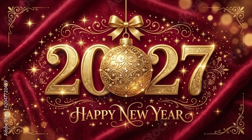 Golden 2027 new year greeting card with ornate bauble on red velvet