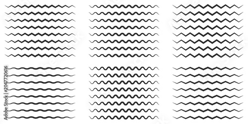 Wave line and wavy zigzag pattern lines. Vector black underlines, smooth end squiggly horizontal curvy squiggles isolated on white background. Vector illustration.eps,10