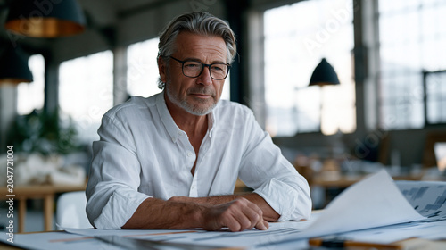 Senior architect reviewing Gantt chart project timeline spread across wide drafting table in early morning mist filtering through industrial warehouse windows, timeline milestones marked with precis
