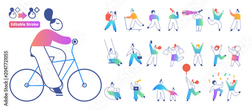 Modern active people character set with lifestyle, movement, sport, leisure, success and daily activity scenes in colorful flat outline vector style with editable strokes.