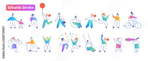 Active People Character Set with Editable Stroke Isolated on White Background. Movement, sport, leisure, success and daily activity scenes 