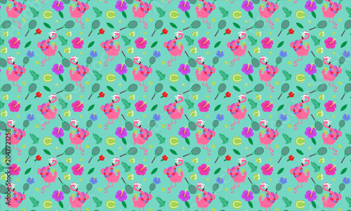 Tropical flamingo playing tennis seamless pattern with rackets, balls, and hibiscus flowers on mint green background vector