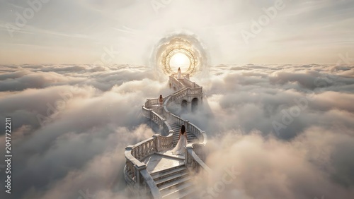 Celestial Clock Tower Floating Above Clouds in Heavenly Light