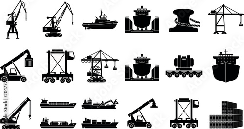 Konstfotografi Sea Port Industrial Silhouette Icon Set Featuring Cargo Ships Port Cranes and Co