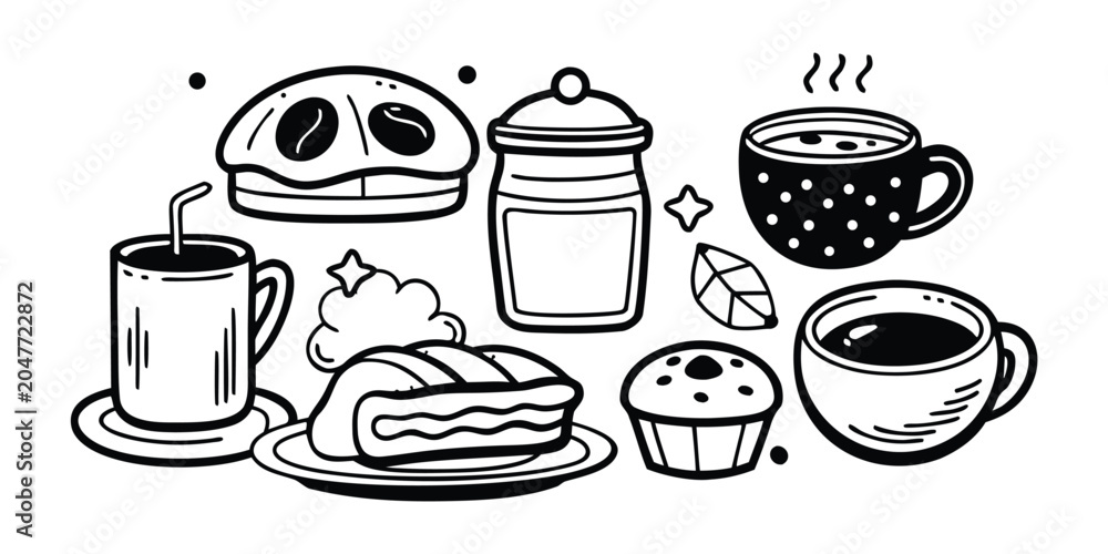 Fototapeta premium Breakfast Items Doodle Illustration Black And White Line Art