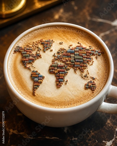 Latte art depicting a world map made of tiny shipping containers in a cup, illustrating global trade and logistics.