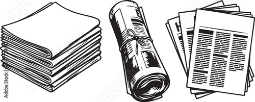 Professional black and white vector graphic illustration depicting stacks of folded newspapers and a single rolled newspaper tied with string