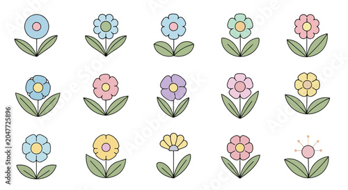 Colorful cartoon flowers set