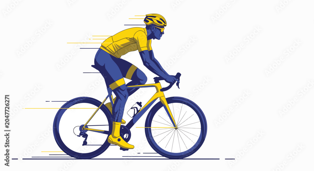Fototapeta premium A cyclist wearing a yellow and blue uniform rides a bicycle with motion lines, against a clean white background, conveying a sense of speed and motion.