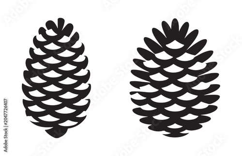 Quadro em tela Two distinct black silhouette pine cones with detailed scales on transparent background
