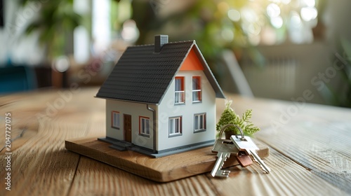Miniature toy house model with silver door keys on a rustic wooden table for real estate mortgage, home buying, selling, or property insurance.