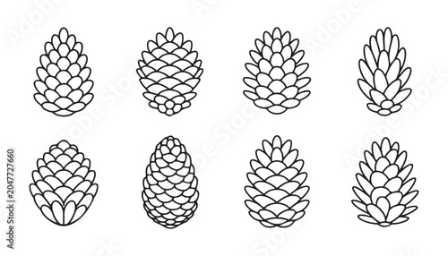 Set of simple outline pine cone icons isolated on grey background for graphic design and craft work.