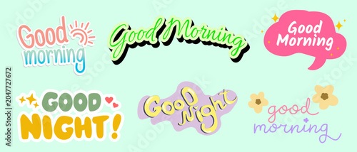 Photos Cute pastel Good Morning and Good Night sticker collection with hand-drawn typography designs