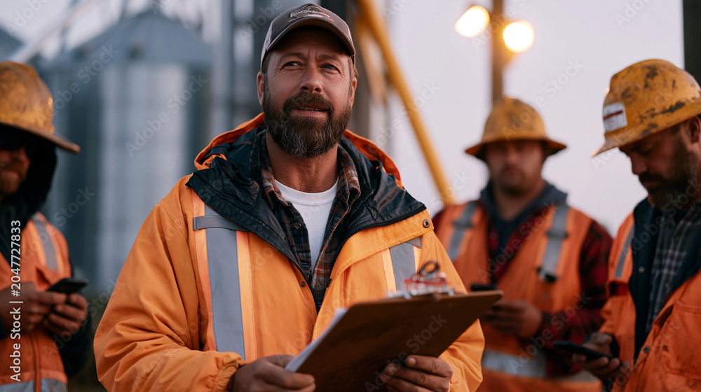 Fototapeta premium Harvest prep crew leader distributing daily equipment assignments to workers gathered beside grain elevator before dawn mist lifts, clipboard in hand, seasonal laborers in worn hats checking phones 