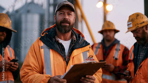 Harvest prep crew leader distributing daily equipment assignments to workers gathered beside grain elevator before dawn mist lifts, clipboard in hand, seasonal laborers in worn hats checking phones 