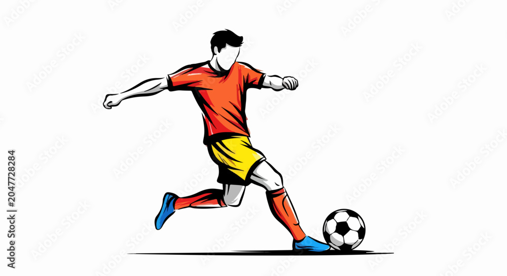 Fototapeta premium Dynamic illustration of a soccer player in an orange and yellow uniform.