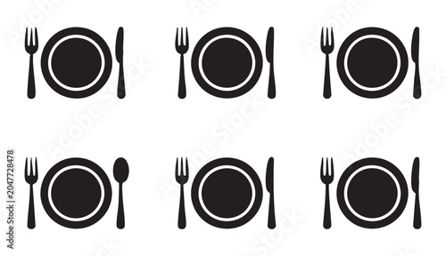 Tableau sur toile Flat style icons depicting plates with various cutlery arrangements for dining table set settings
