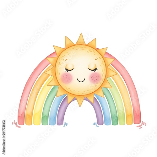 Cute cartoon unicorn with rainbow mane and tail smiling.