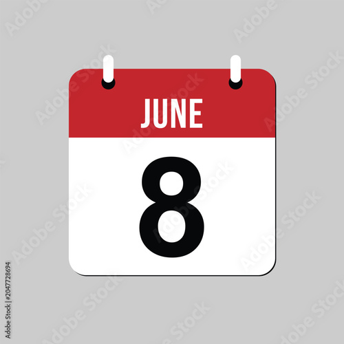 June 8 Calendar Date Page Icon Flat Design Vector Illustration for Schedule Reminder. Clean and modern date illustration suitable for event reminders, scheduling, holiday concepts, and business.