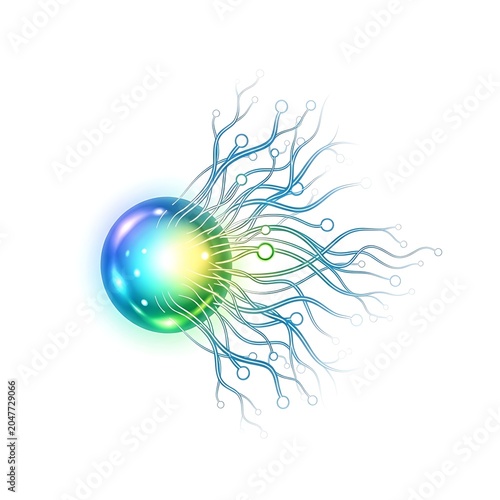 Colorful abstract swirls and glowing orb on white background.