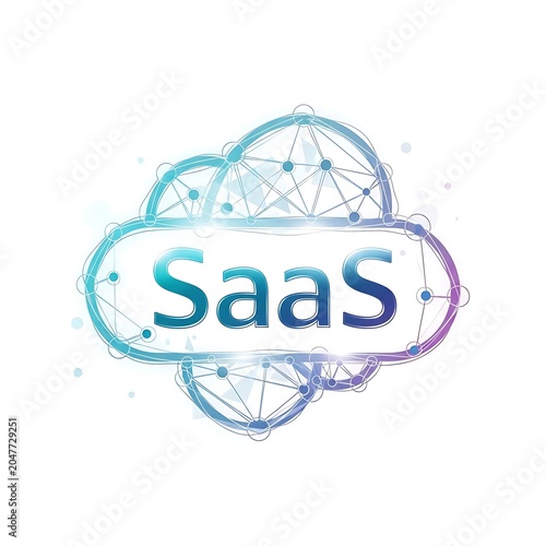 Abstract 3D geometric sphere with SaaS text overlay design.