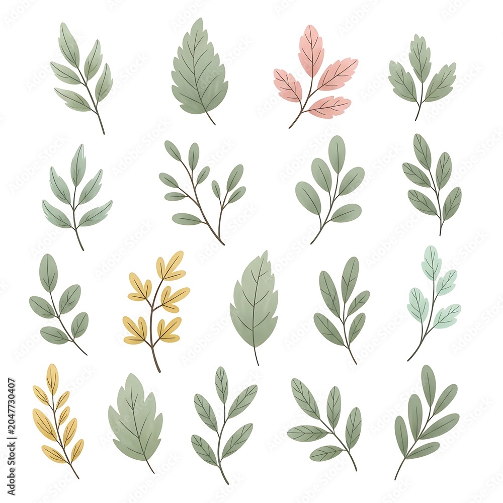Obraz premium Vintage botanical illustration of various green leaves and plants.