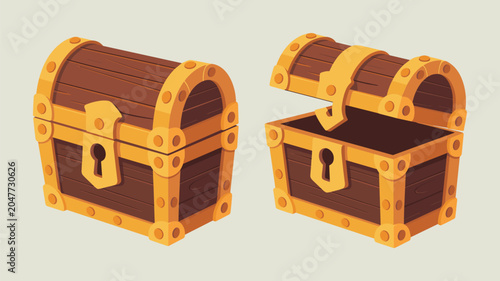Classic wooden treasure chests with gold bands and keyholes shown in closed and open positions on a neutral background for game assets.