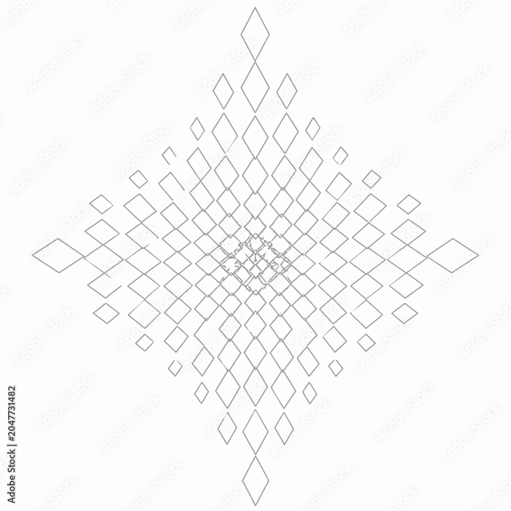 Fototapeta premium Abstract geometric vector illustration featuring a radiating pattern of interconnected gray diamond shapes on a clean white background