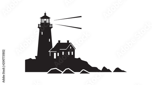 Foto Black silhouette of a lighthouse on a rocky shore