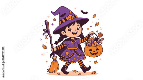 Quadro su tela Cute little halloween witch holding pumpkin basket vector illustration candies c