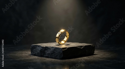 Golden engagement ring on rustic stone slab with spotlight engagement precious