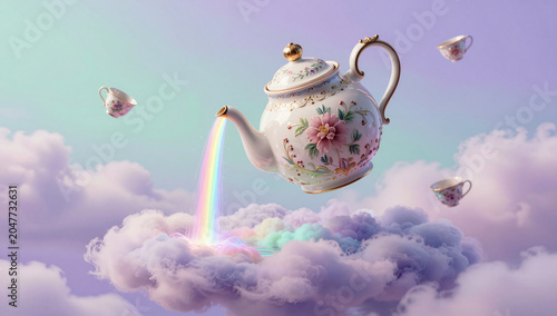 Giant Ceramic Teapot Pouring Rainbow River in Floating Sky Island