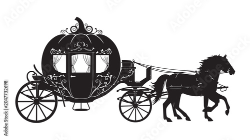 Black silhouette of a pumpkin carriage pulled by a horse