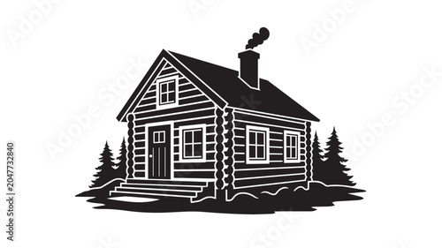 Quadro su tela Black and white illustration of a rustic wooden log cabin
