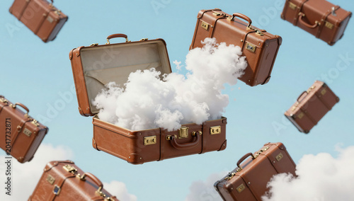 Floating Vintage Suitcases Spilling Fluffy White Clouds