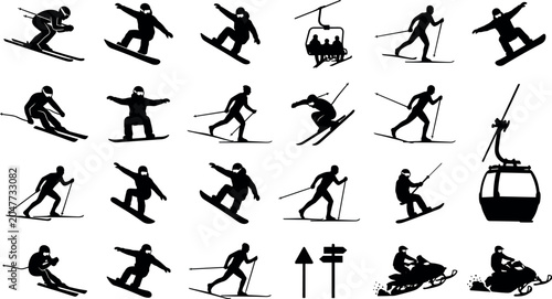 Konstfotografi Winter Sports Silhouette Icon Set Featuring Skiers Snowboarders Cable Cars and S