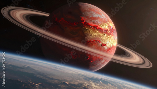 Alien Planet Horizon with Cosmic Nebula Sky