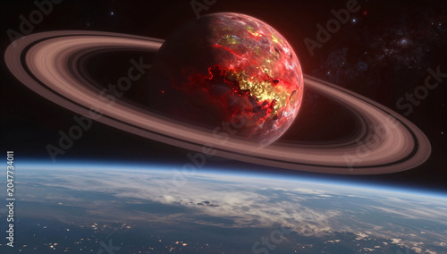 Alien Planet Horizon with Cosmic Nebula Sky