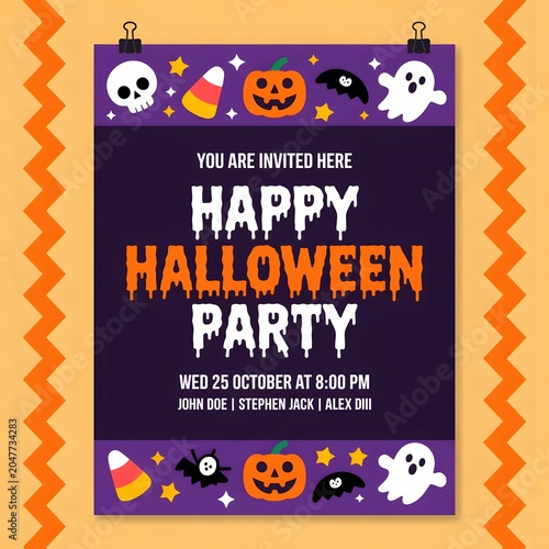 Happy halloween party invitation poster with cute pixel art icons of ghosts pumpkins and skulls