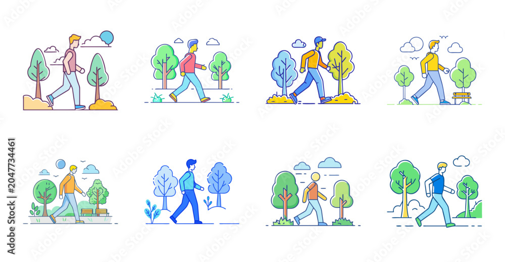Fototapeta premium Diverse people exercising together outdoors - Colorful illustration of a group of people doing exercises and stretching in a cheerful outdoor setting.
